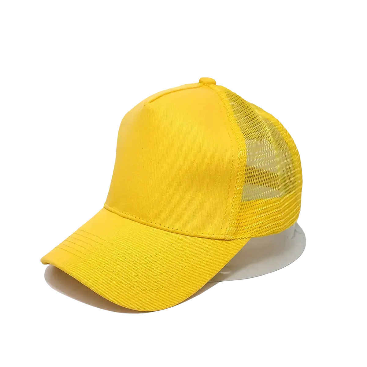 Bright yellow custom logo mesh trucker hat with solid front panel and breathable mesh back