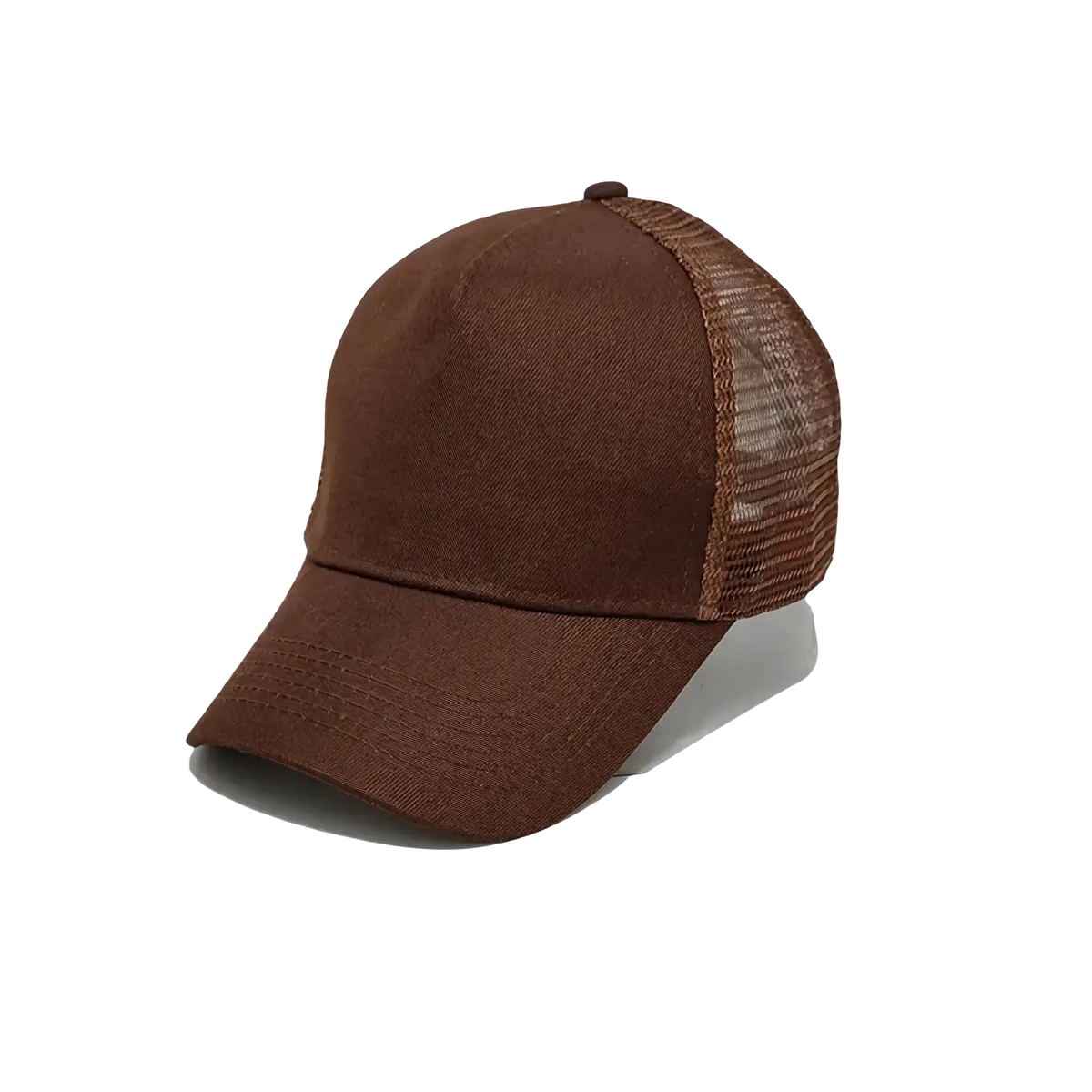 Brown custom logo mesh trucker hat with solid front panel and breathable mesh back for casual outdoor use