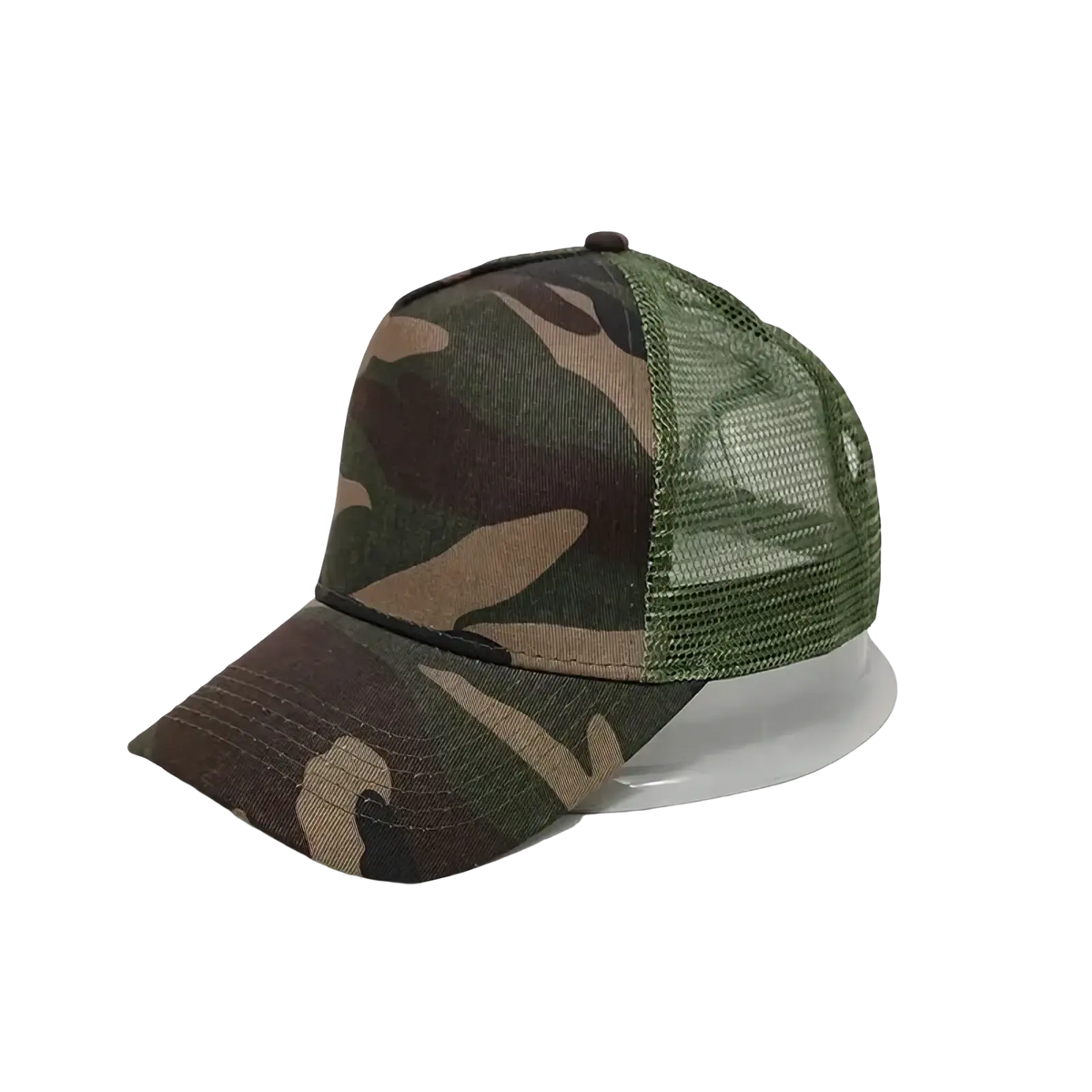 Custom logo mesh trucker hat showing the back side with camouflage pattern mesh back and adjustable strap
