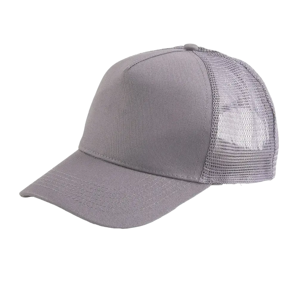 Gray custom logo mesh trucker hat featuring a solid fabric front and breathable mesh back panel