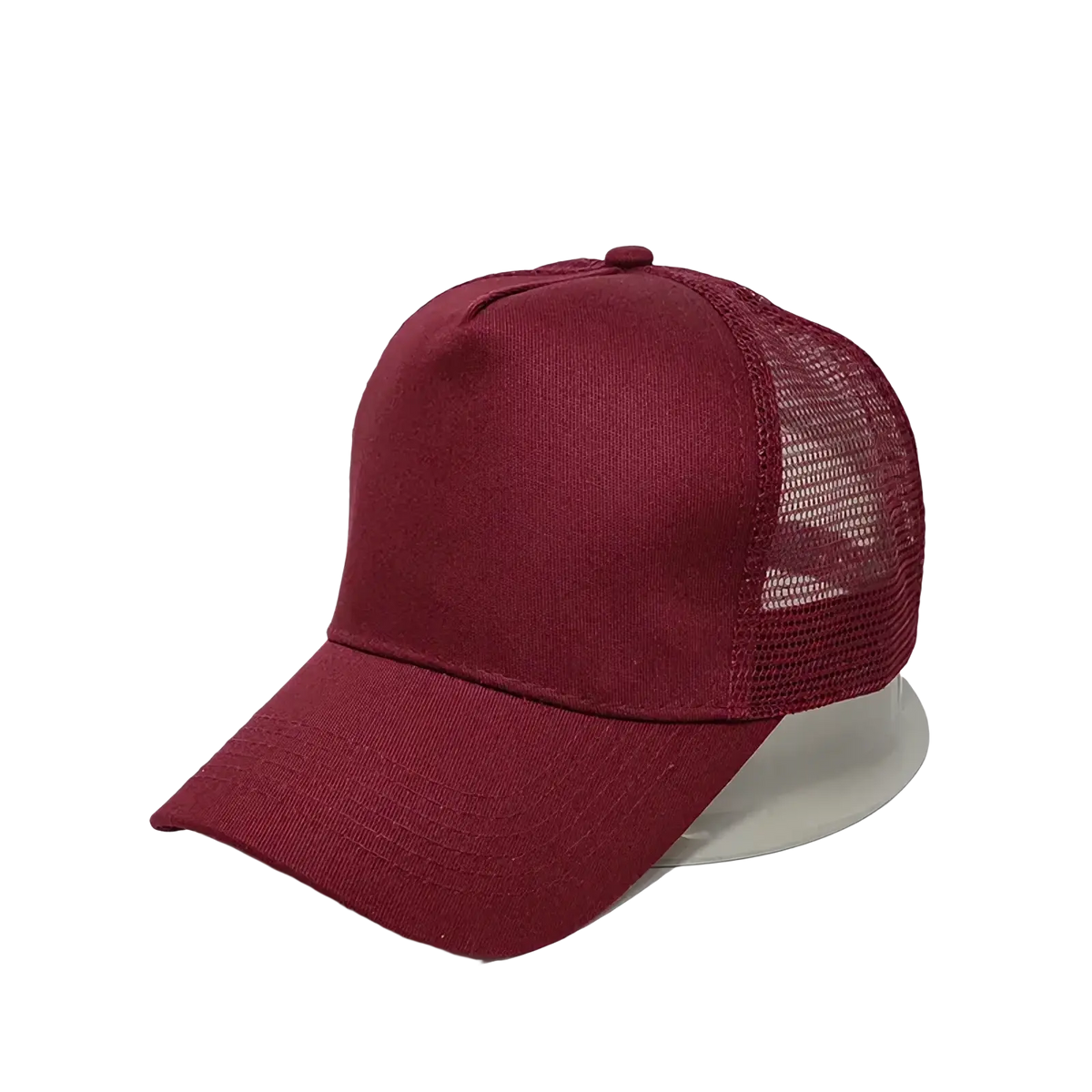 Maroon custom logo mesh trucker hat with solid front panel and breathable mesh back for casual wear