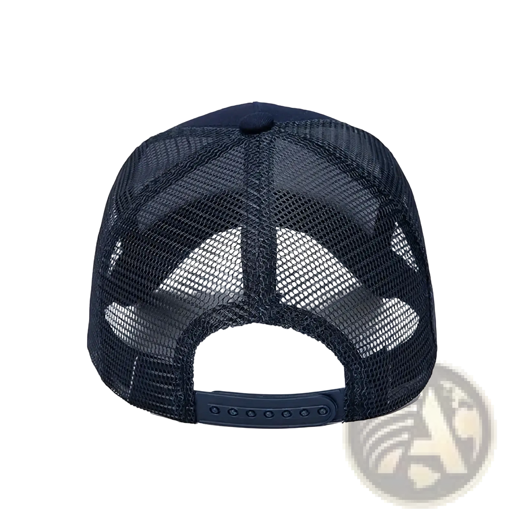 Navy blue custom logo mesh trucker hat with adjustable strap shown from the back side