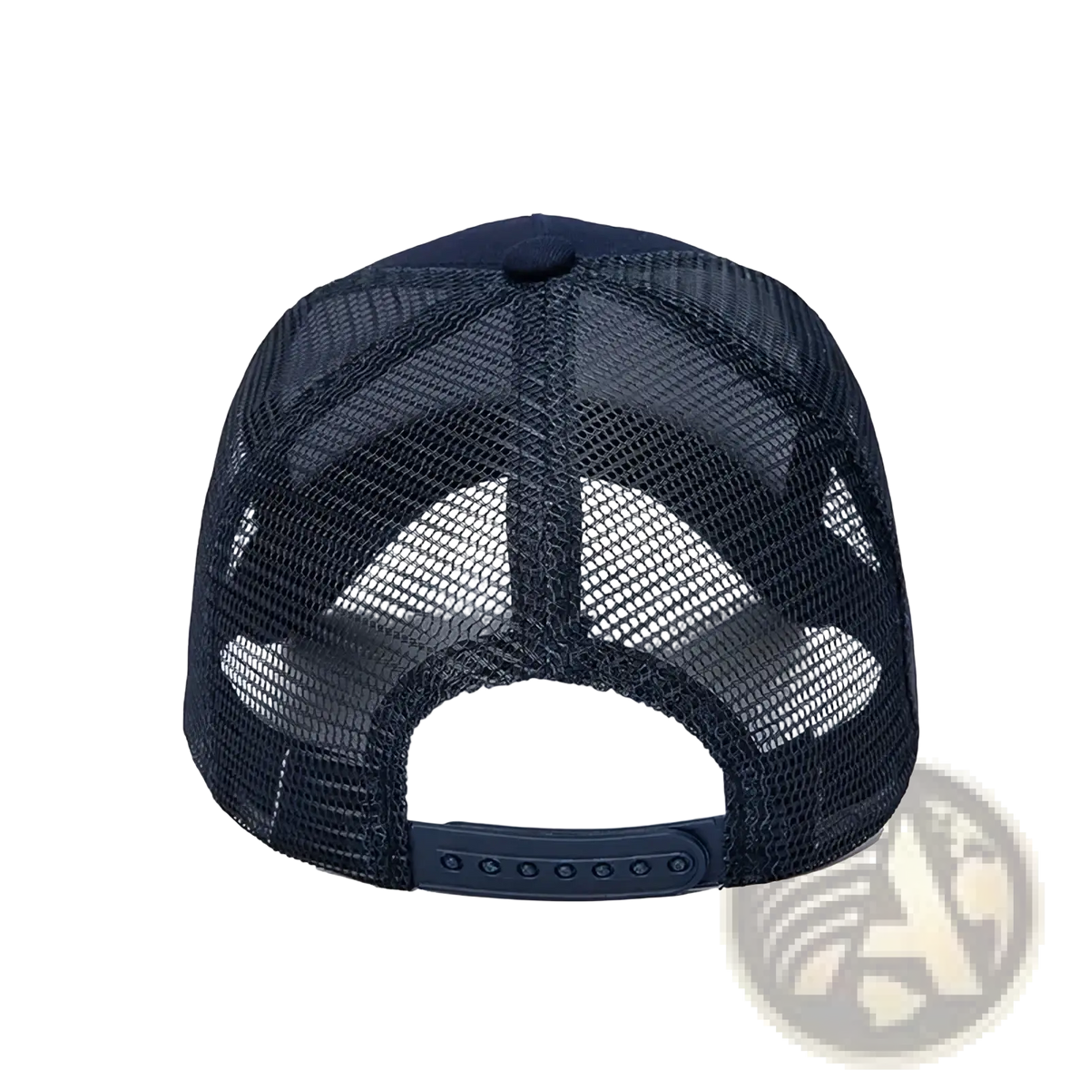 Navy blue custom logo mesh trucker hat with adjustable strap shown from the back side