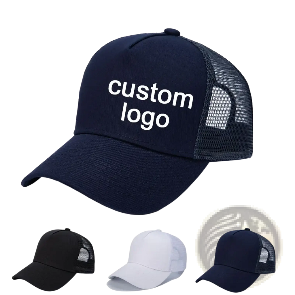 Navy blue custom logo mesh trucker hat with white embroidered text and breathable mesh back visible from the rear