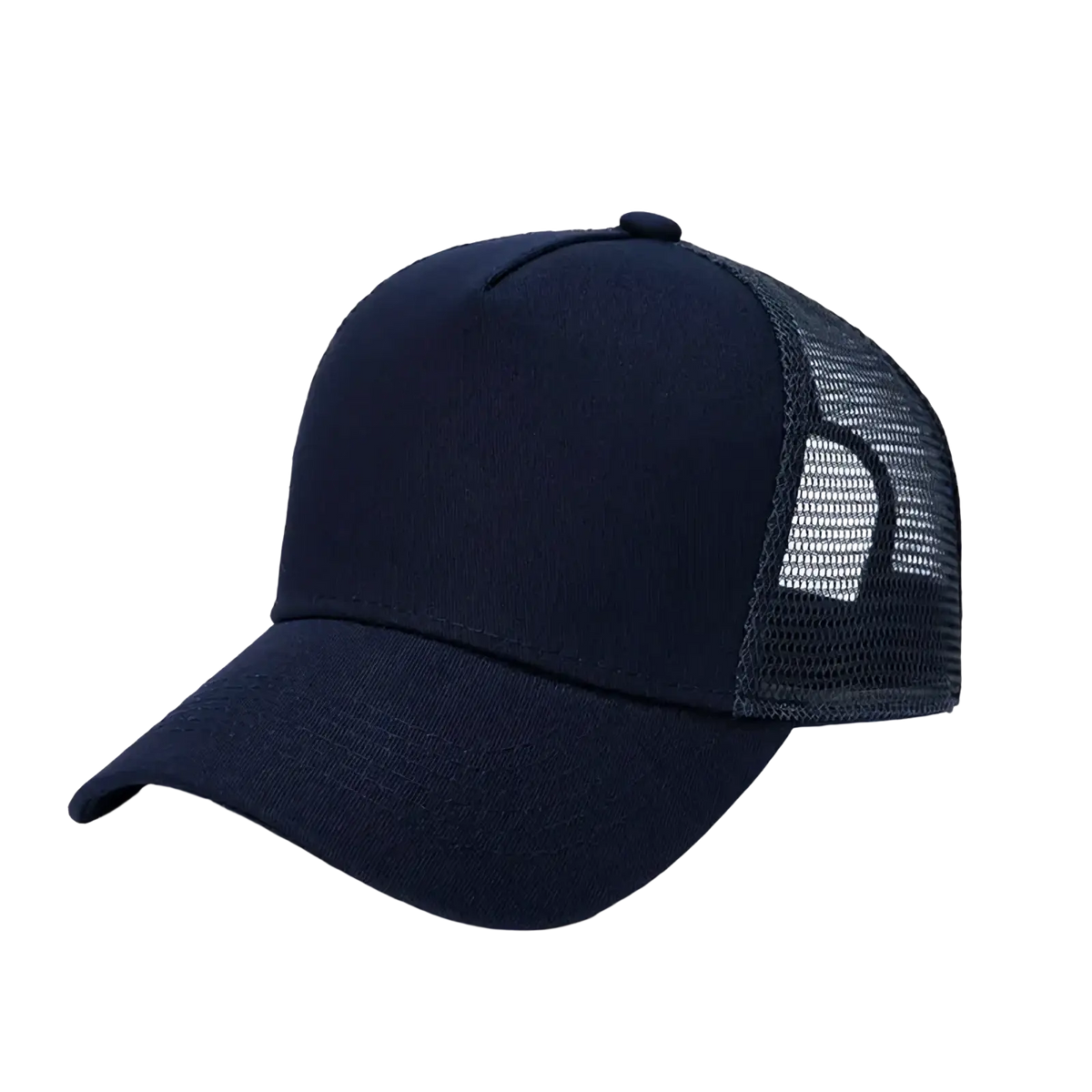 Navy blue custom logo mesh trucker hat with solid front panels and breathable mesh back for casual outdoor use