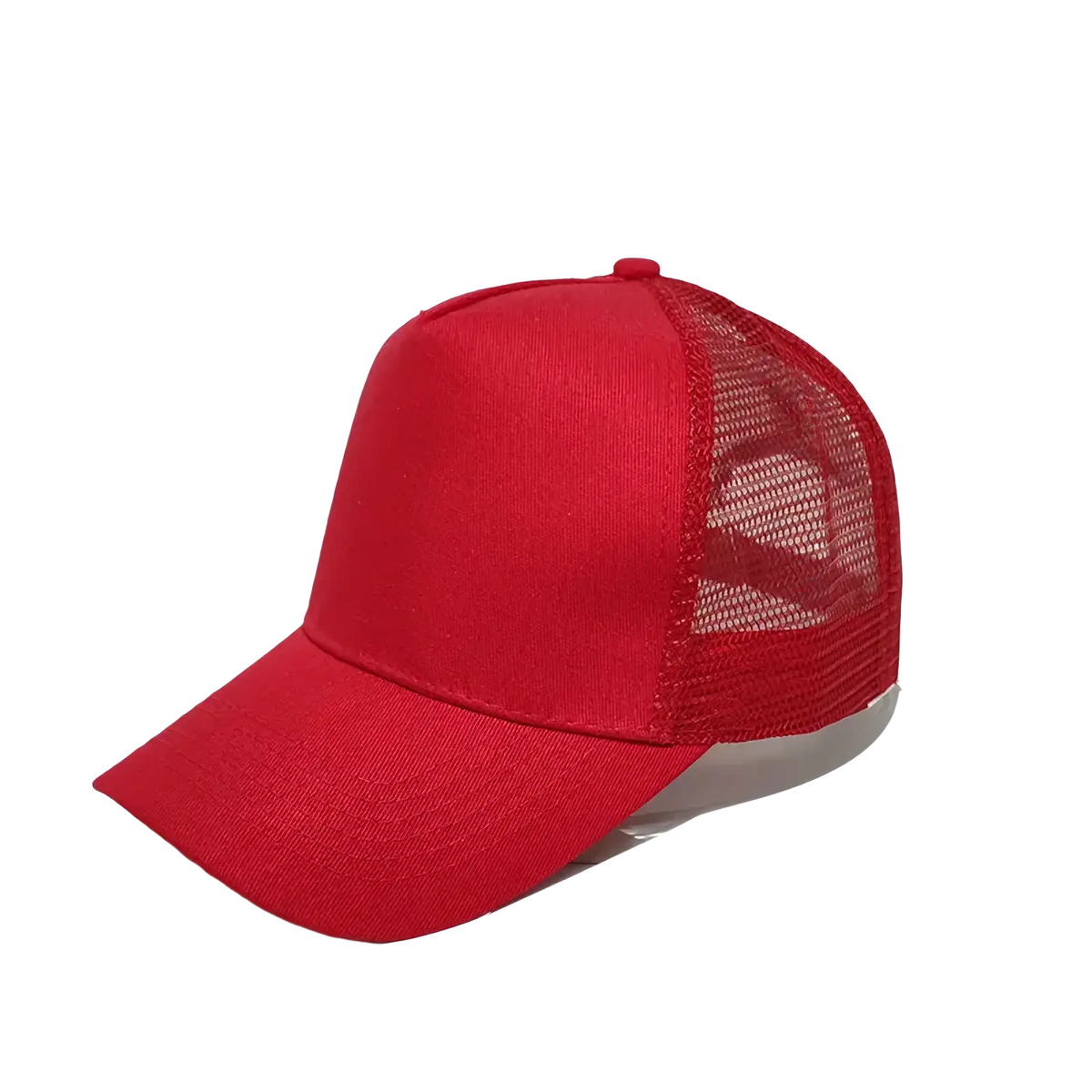 Red custom logo mesh trucker hat featuring a solid front panel and breathable mesh back design