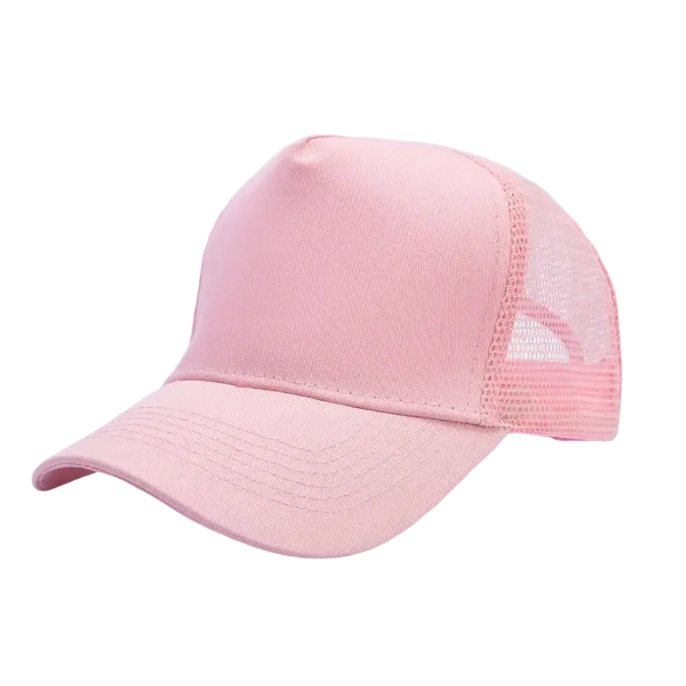 A soft pink custom logo mesh trucker hat with a solid fabric front and breathable mesh back