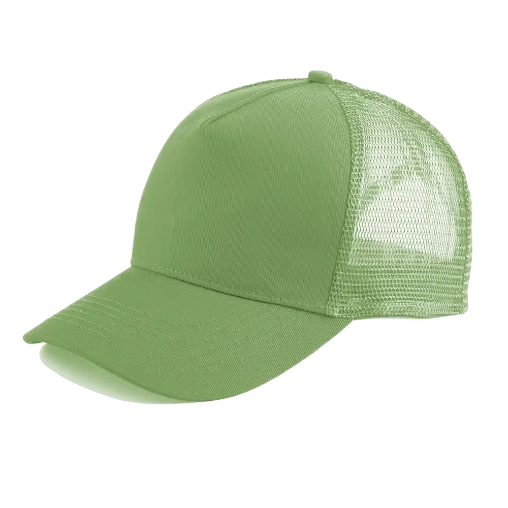 A solid olive green custom logo mesh trucker hat with a structured front panel and breathable mesh back