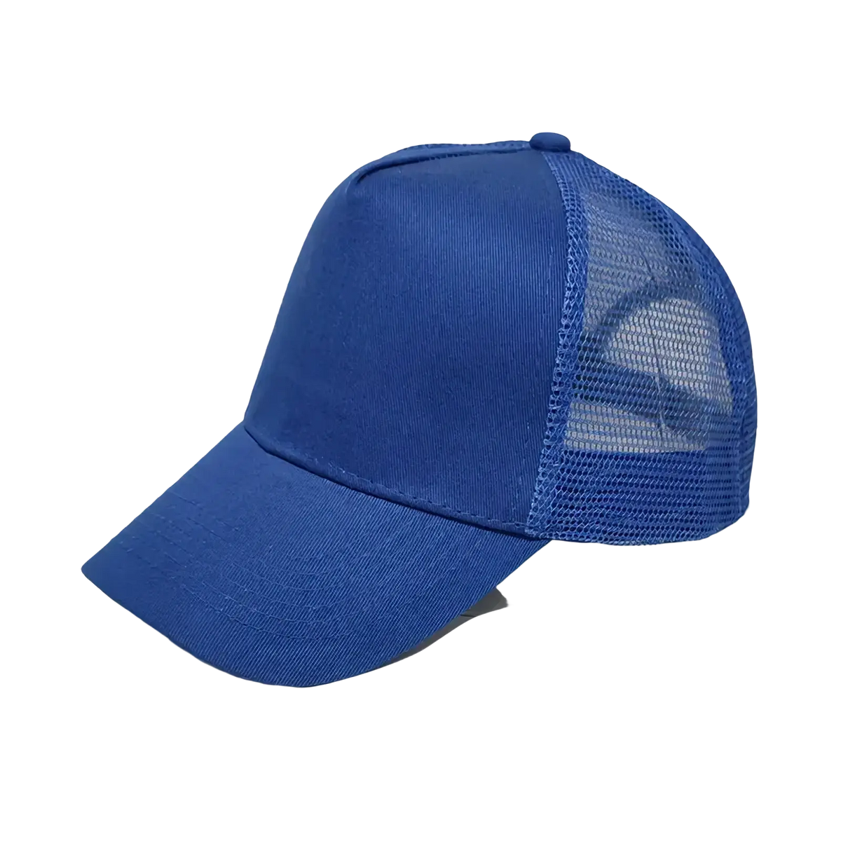 Solid royal blue custom logo mesh trucker hat with structured front panels and breathable mesh back