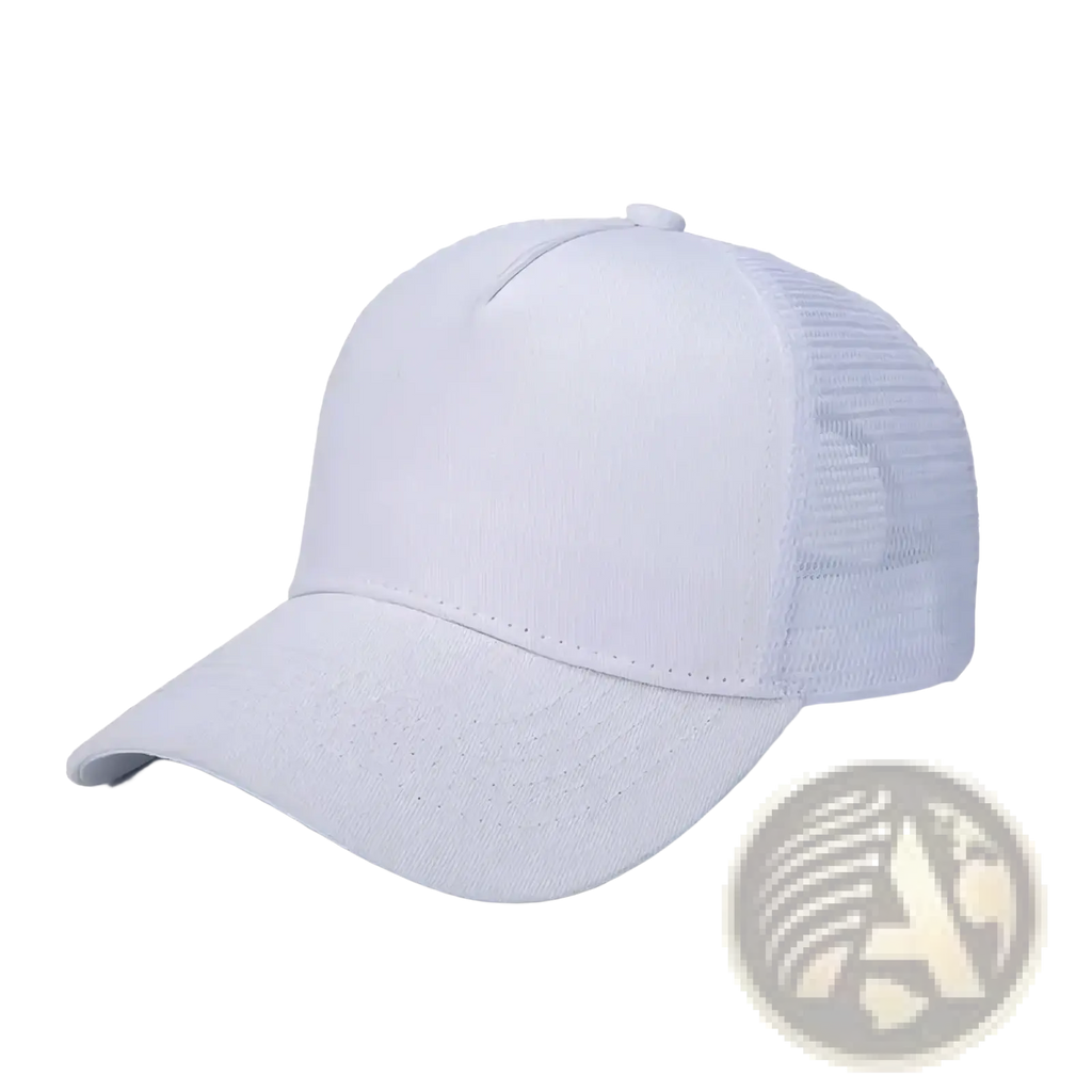 White mesh trucker hat with solid front panel ideal for custom logo embroidery and casual use