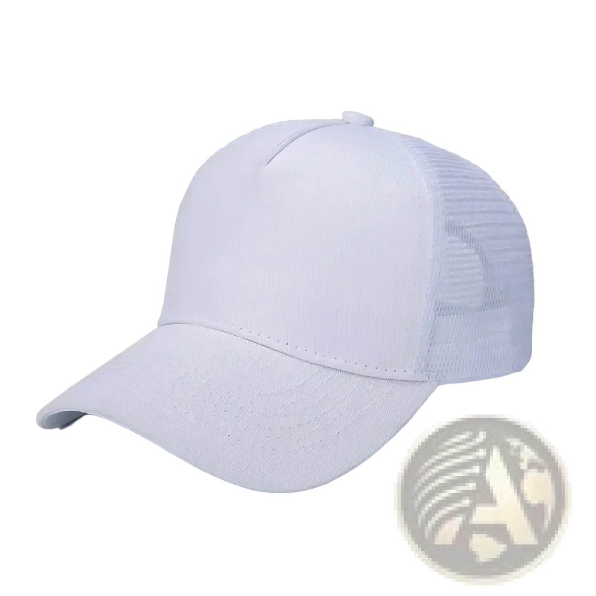 White mesh trucker hat with solid front panel ideal for custom logo embroidery and casual use