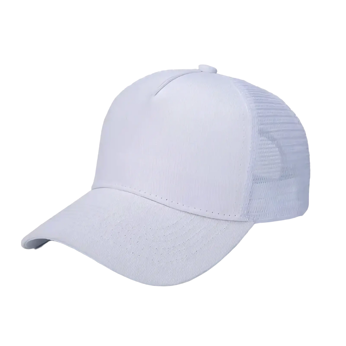 White mesh trucker hat with solid front panel ideal for custom logo embroidery and casual use