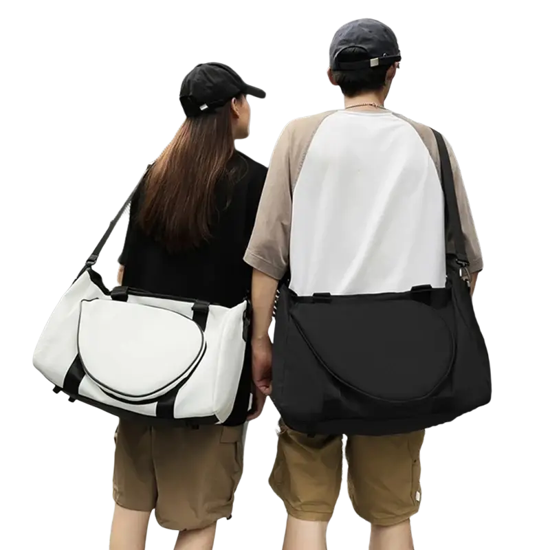 White and black custom logo tennis and badminton duffel bag with sleek modern design featuring logo image