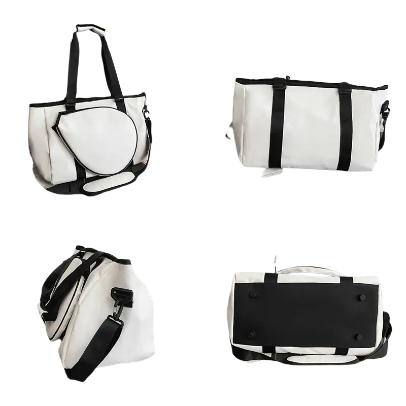 White and black sport duffel bag with sleek minimalist design featuring custom logo image for tennis and badminton use
