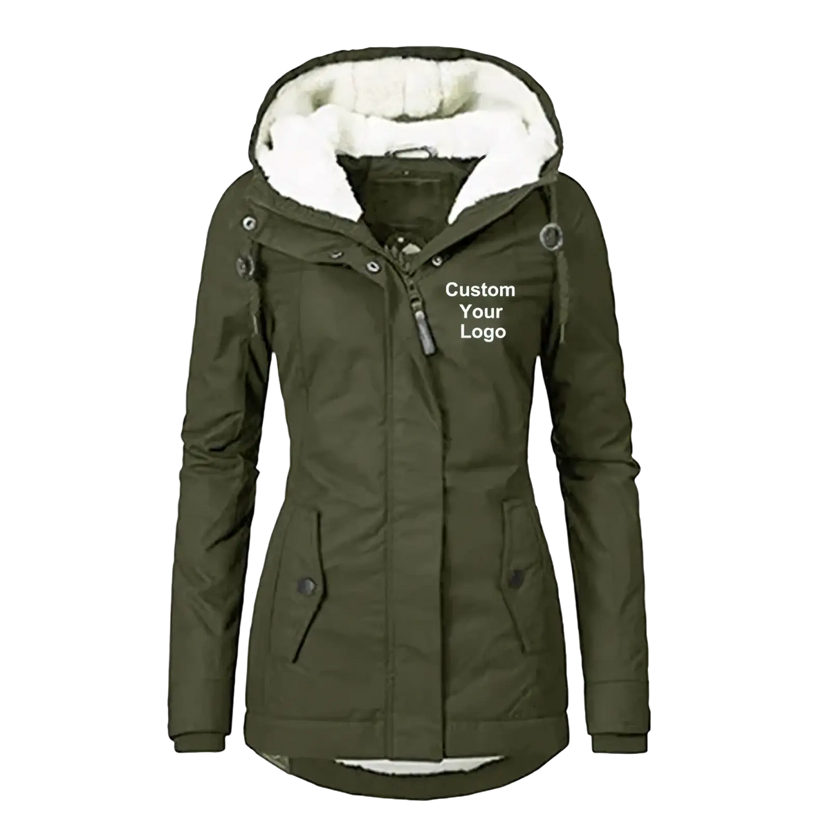 Custom logo women winter parka jacket in army green with white fleece lining hood and front pockets for cold weather