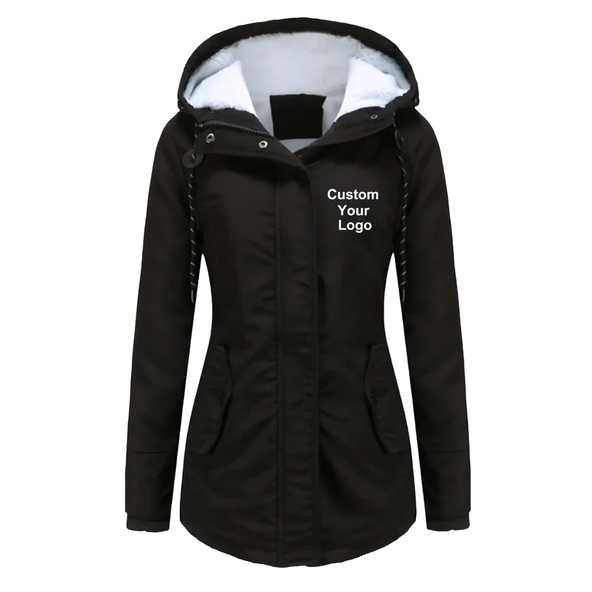 Custom logo women winter parka jacket in black with white fleece-lined hood and adjustable drawstrings for warmth