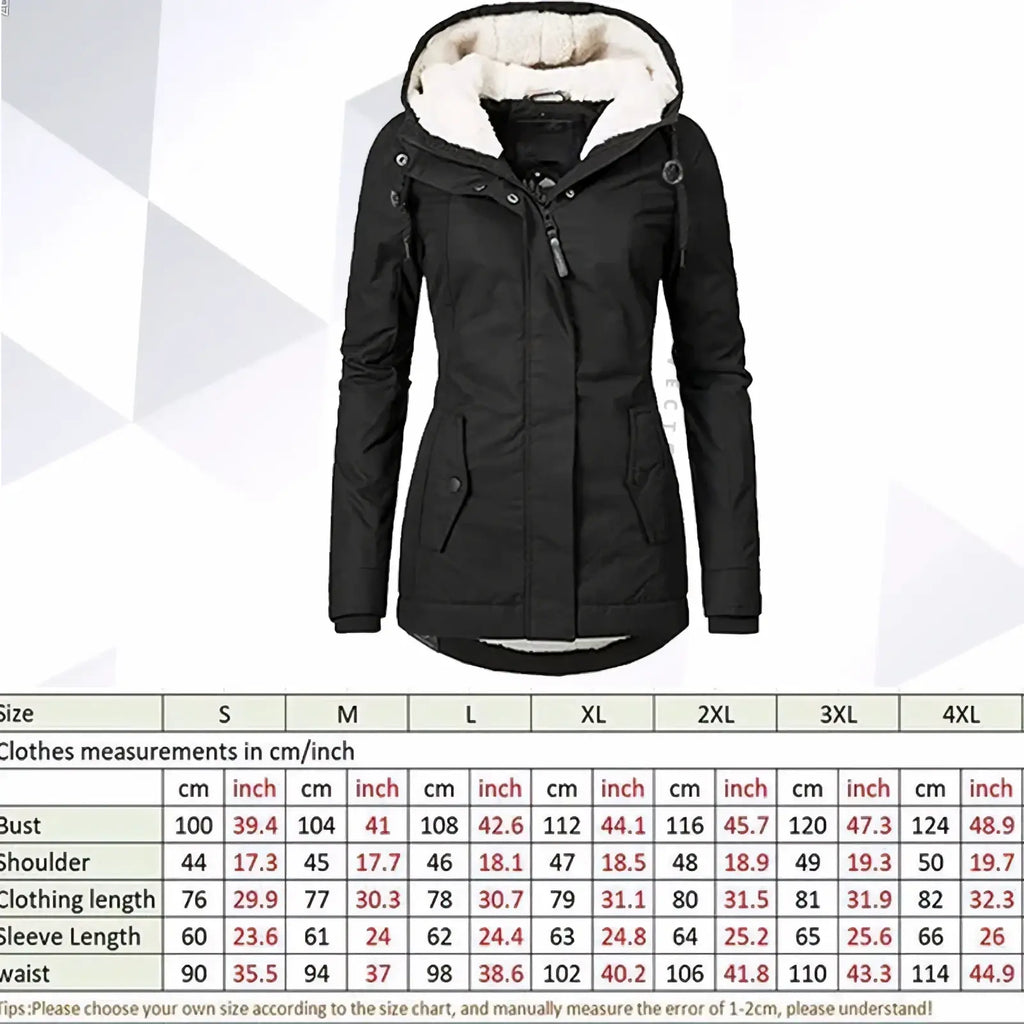 Custom logo women winter parka jacket in black with plush white fleece-lined hood and front zipper closure