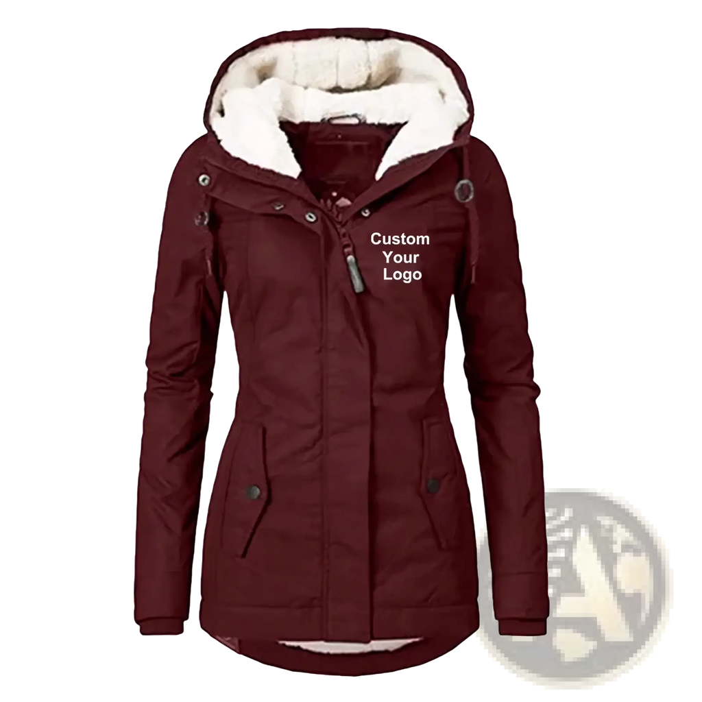 Wine red custom logo women winter parka jacket with hood white fleece lining and front pockets for cold weather use