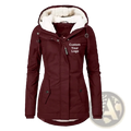 Wine red custom logo women winter parka jacket with hood white fleece lining and front pockets for cold weather use