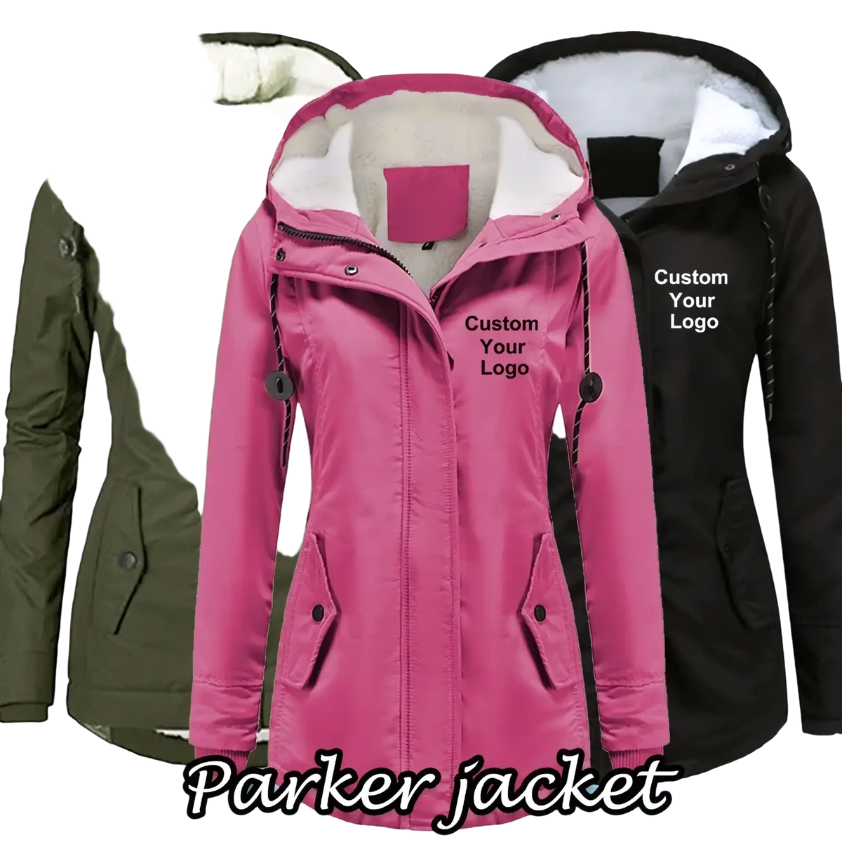 Custom logo women winter parka jacket in vibrant pink with quilted exterior, black trim, and white fleece lining