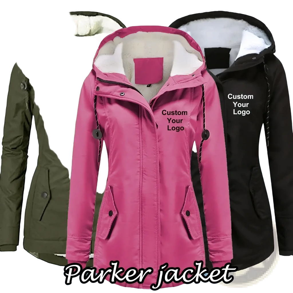 Custom logo women winter parka jacket in vibrant pink with quilted exterior, black trim, and white fleece lining