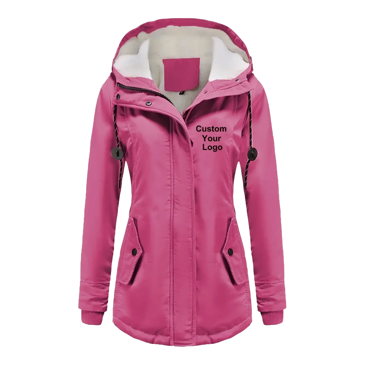 Custom logo women winter parka jacket in pink with fleece lining hood and customizable logo area