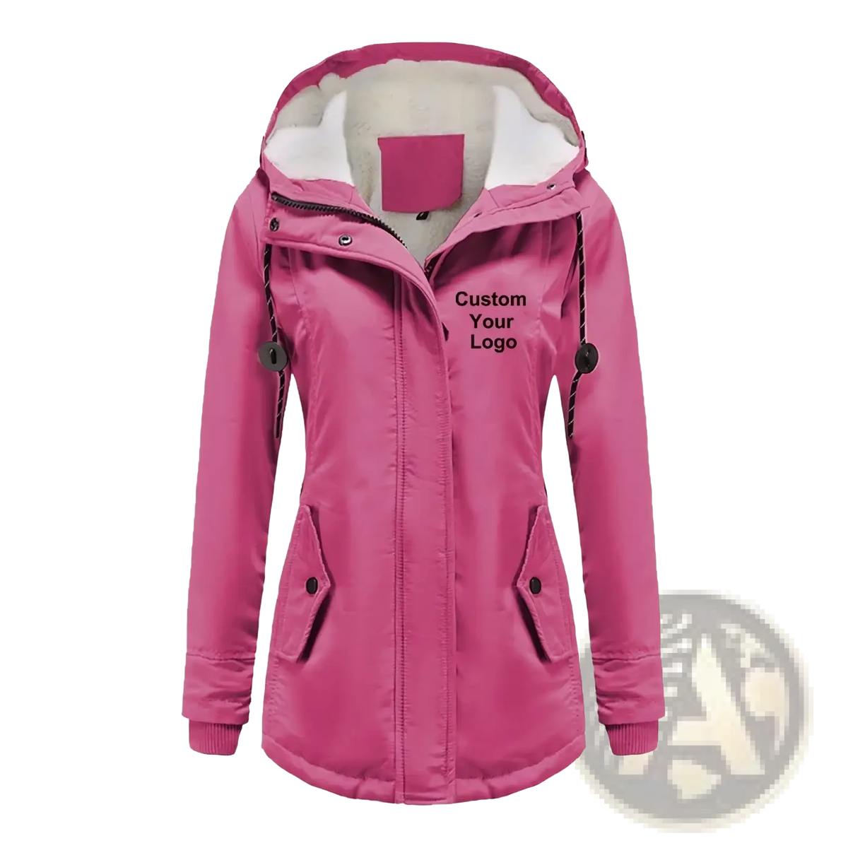 Custom logo women winter parka jacket in pink with fleece lining hood and customizable logo area