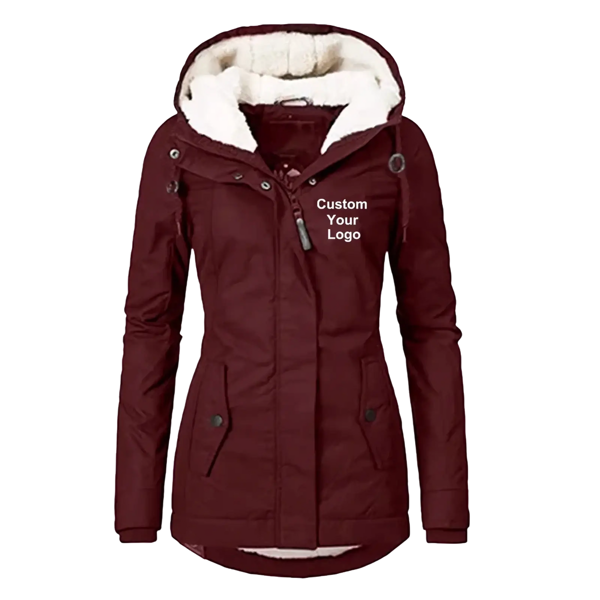 Wine red custom logo women winter parka jacket with hood white fleece lining and front pockets for cold weather use