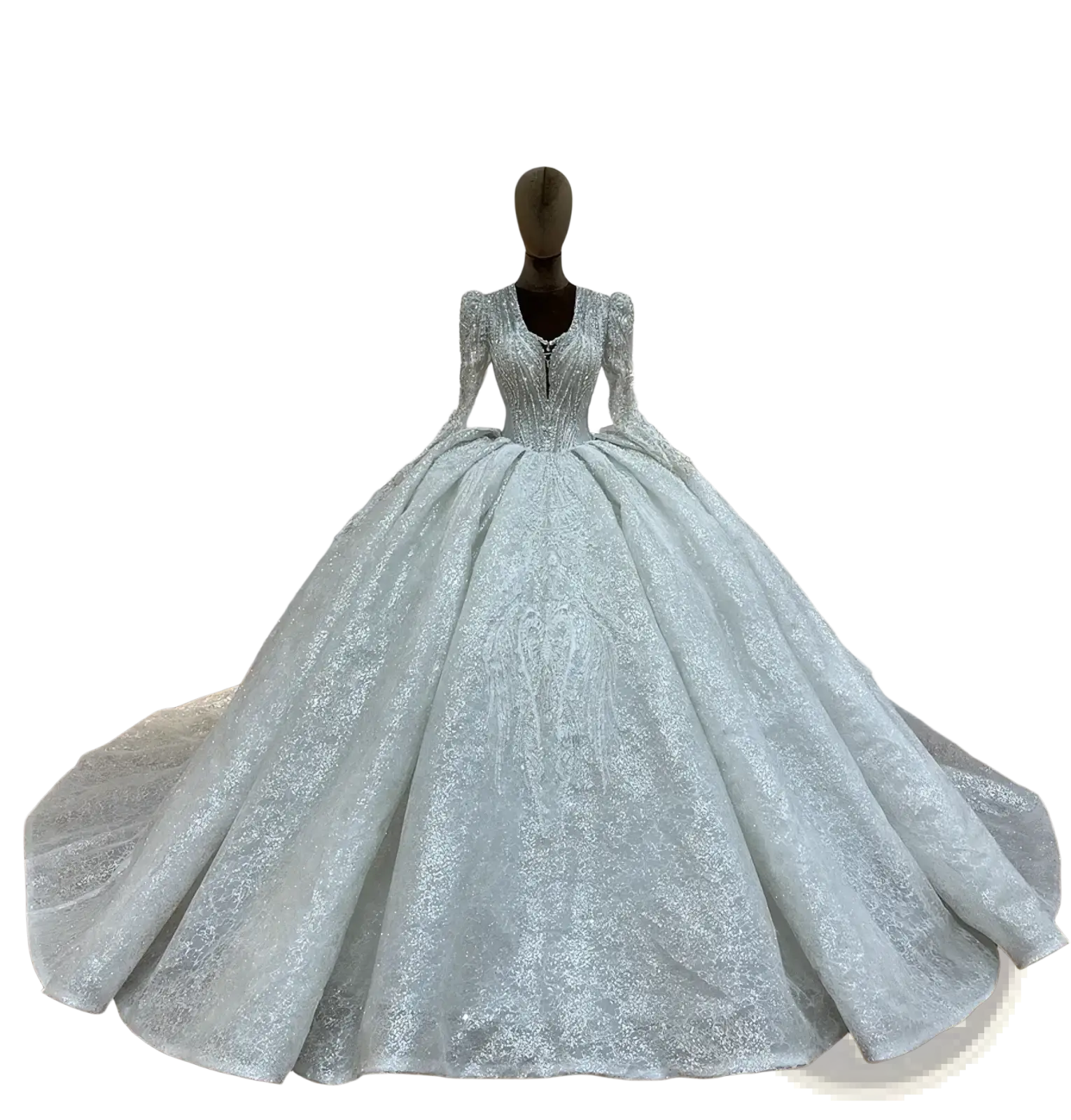 Custom long sleeve lace ball gown wedding dress in silver with shimmer embellishments displayed on a mannequin