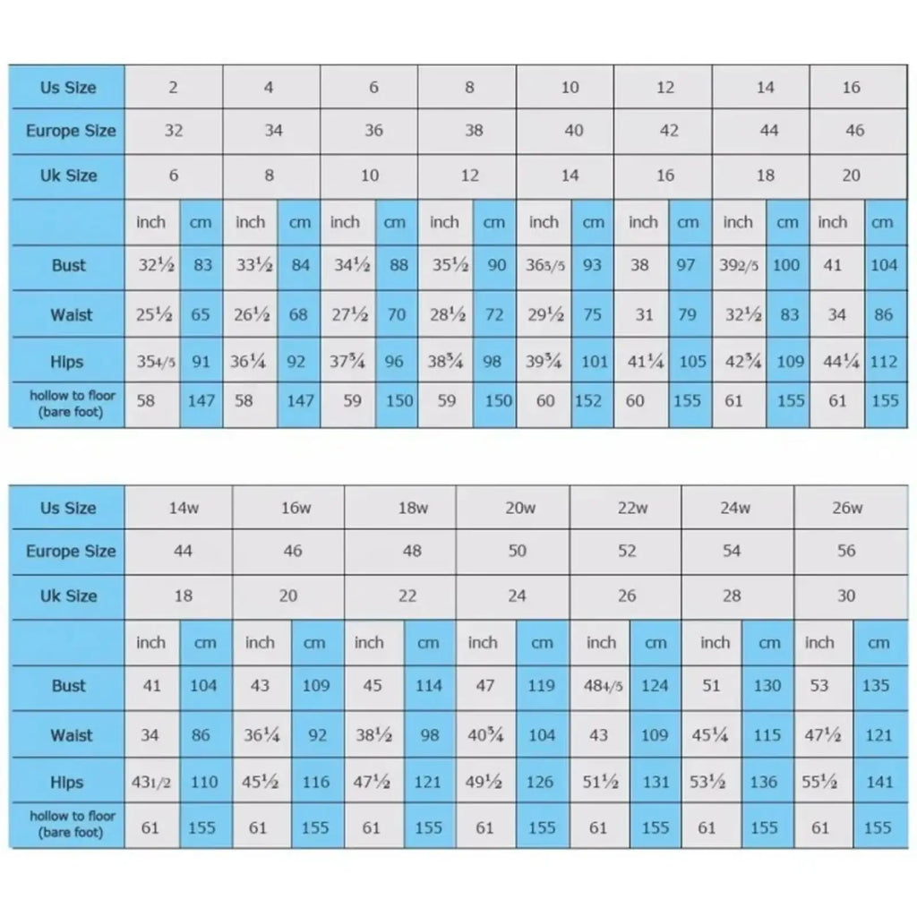 Size conversion chart for custom long sleeve lace ball gown wedding dress showing us europe uk bust waist hip in inches and centimeters