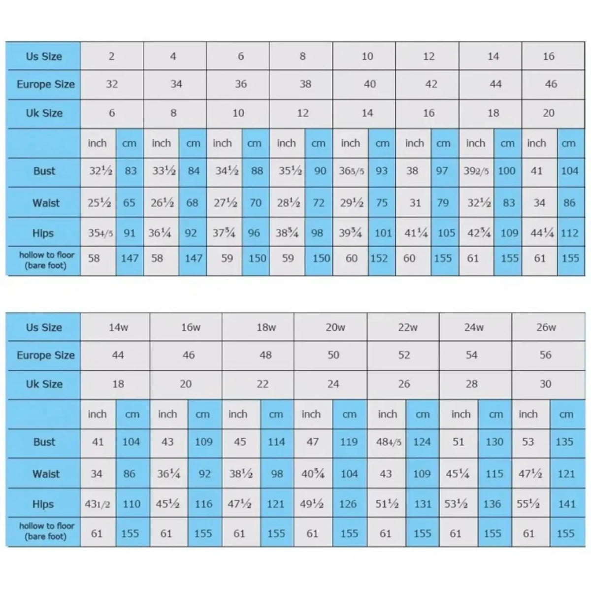 Size conversion chart for custom long sleeve lace ball gown wedding dress showing us europe uk bust waist hip in inches and centimeters