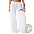 White loose fit custom lounge pants with drawstring waistband and diy custom text printed on the left leg