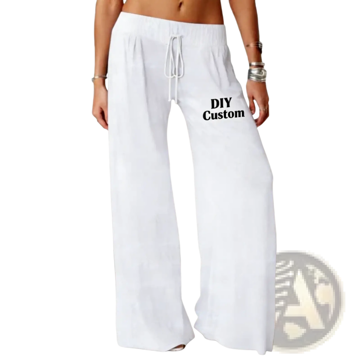 White loose fit custom lounge pants with drawstring waistband and diy custom text printed on the left leg