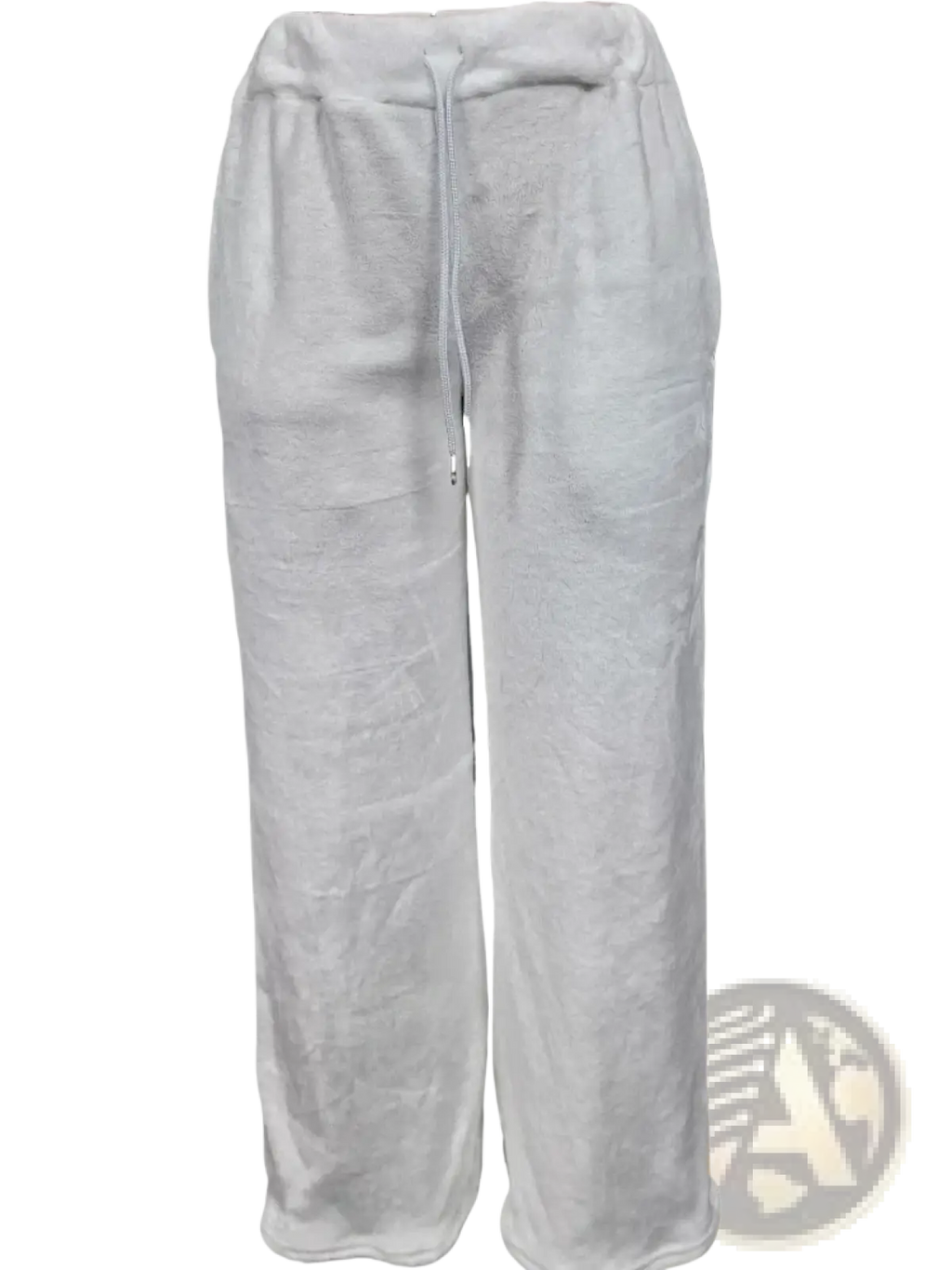 Soft light gray fleece custom lounge pants with a loose fit and drawstring waistband for comfortable wear