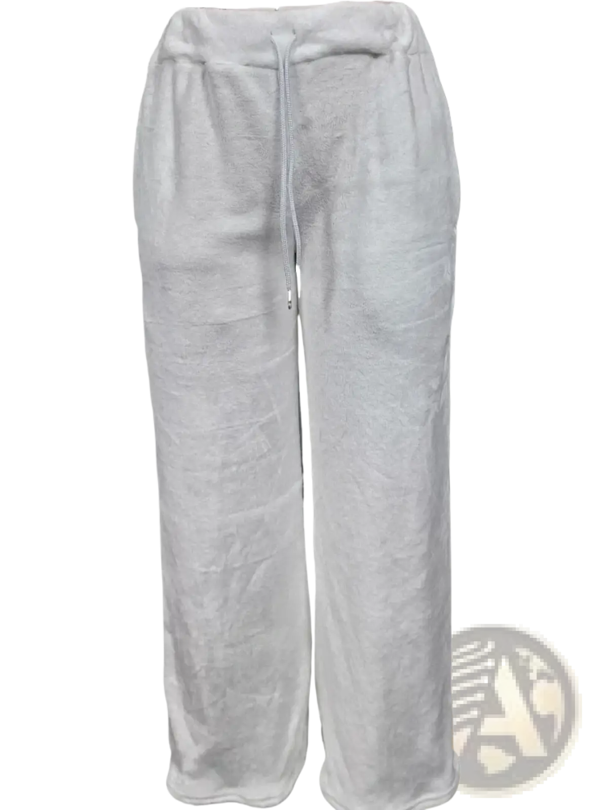 Soft light gray fleece custom lounge pants with a loose fit and drawstring waistband for comfortable wear