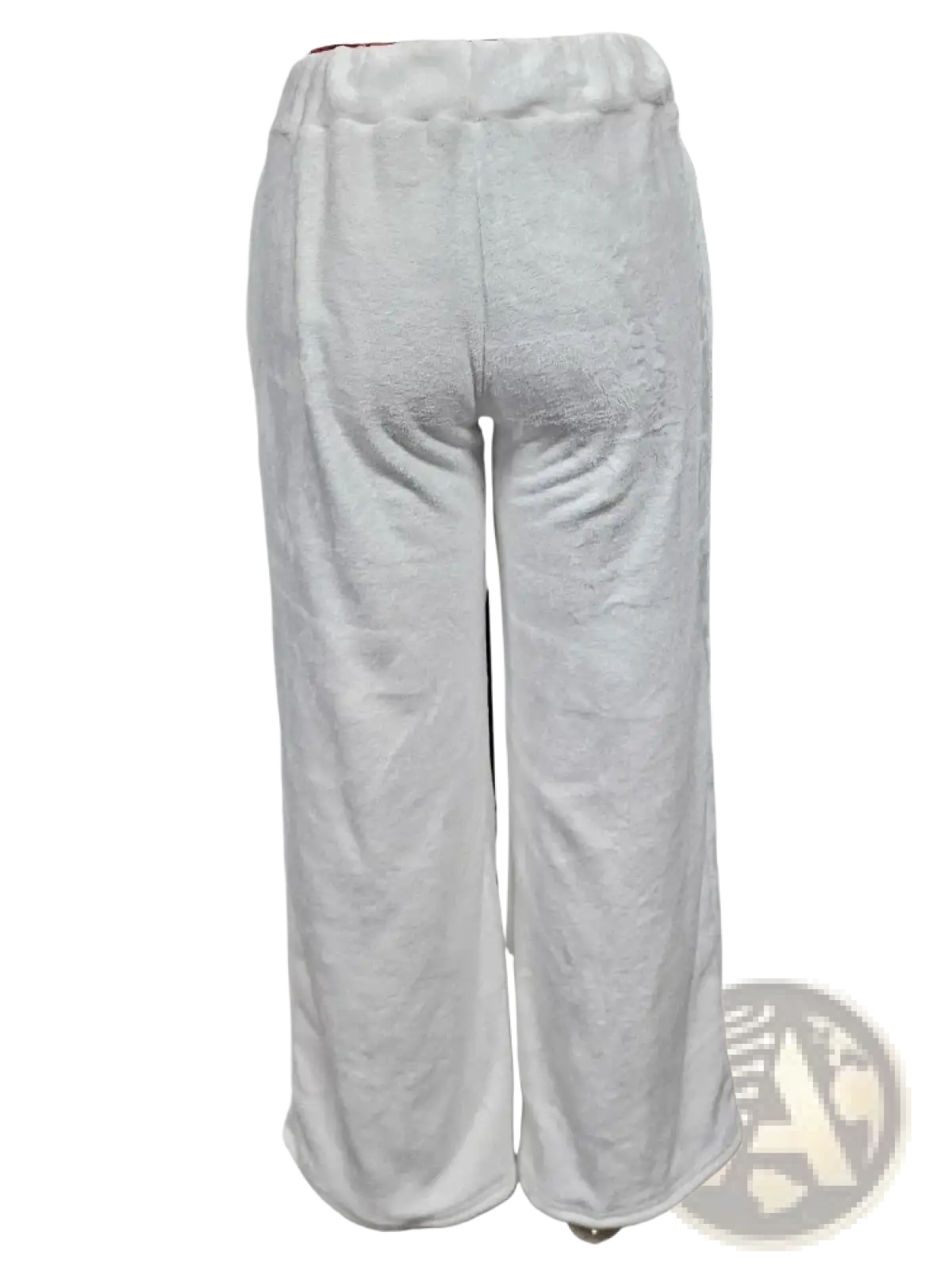 White plush custom lounge pants with wide legs and elastic waistband for loose fit and comfortable wear