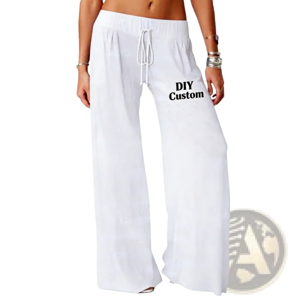 White loose fit wide-leg custom lounge pants with drawstring waistband and diy custom print on left thigh