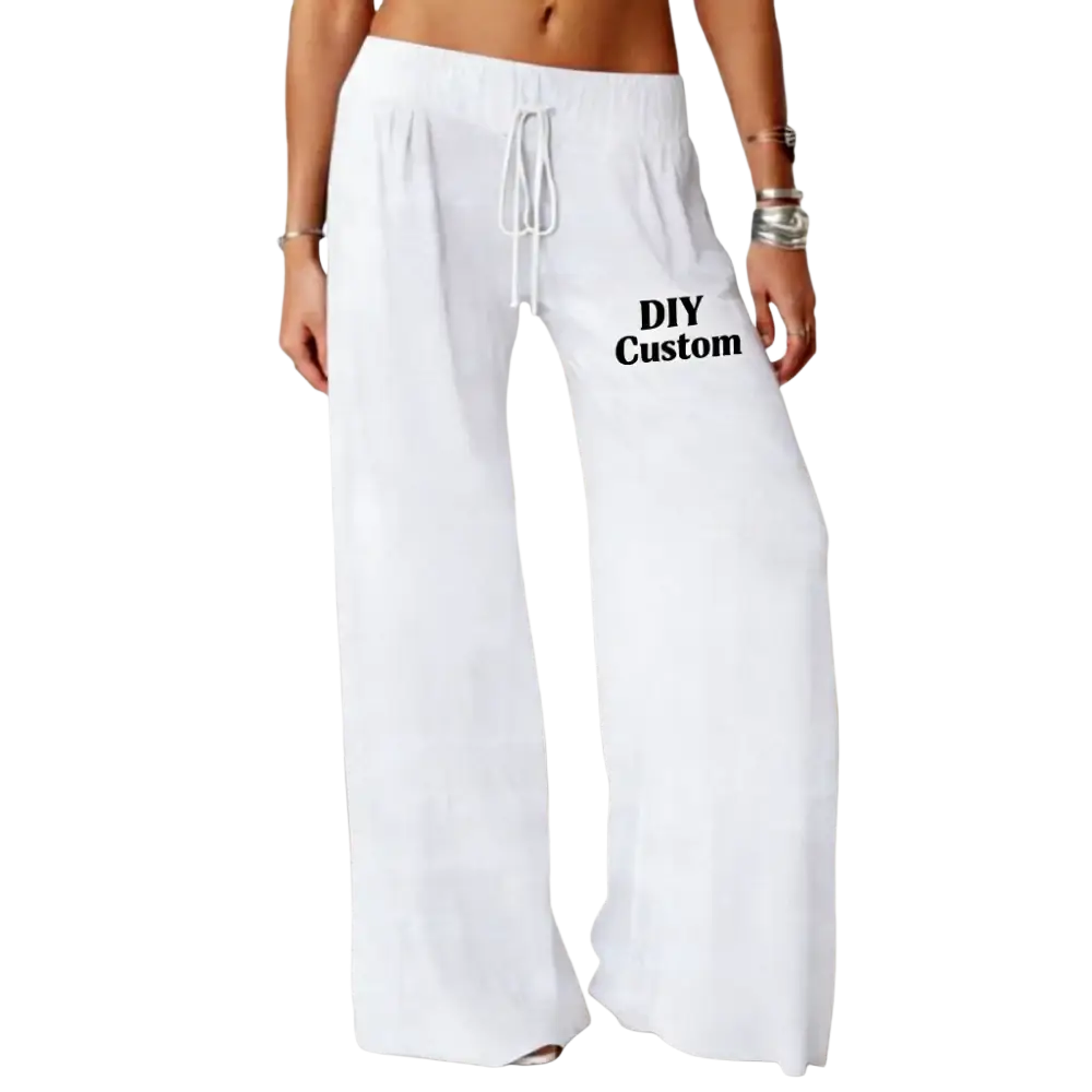 White loose fit custom lounge pants with drawstring waistband and diy custom text printed on the left leg