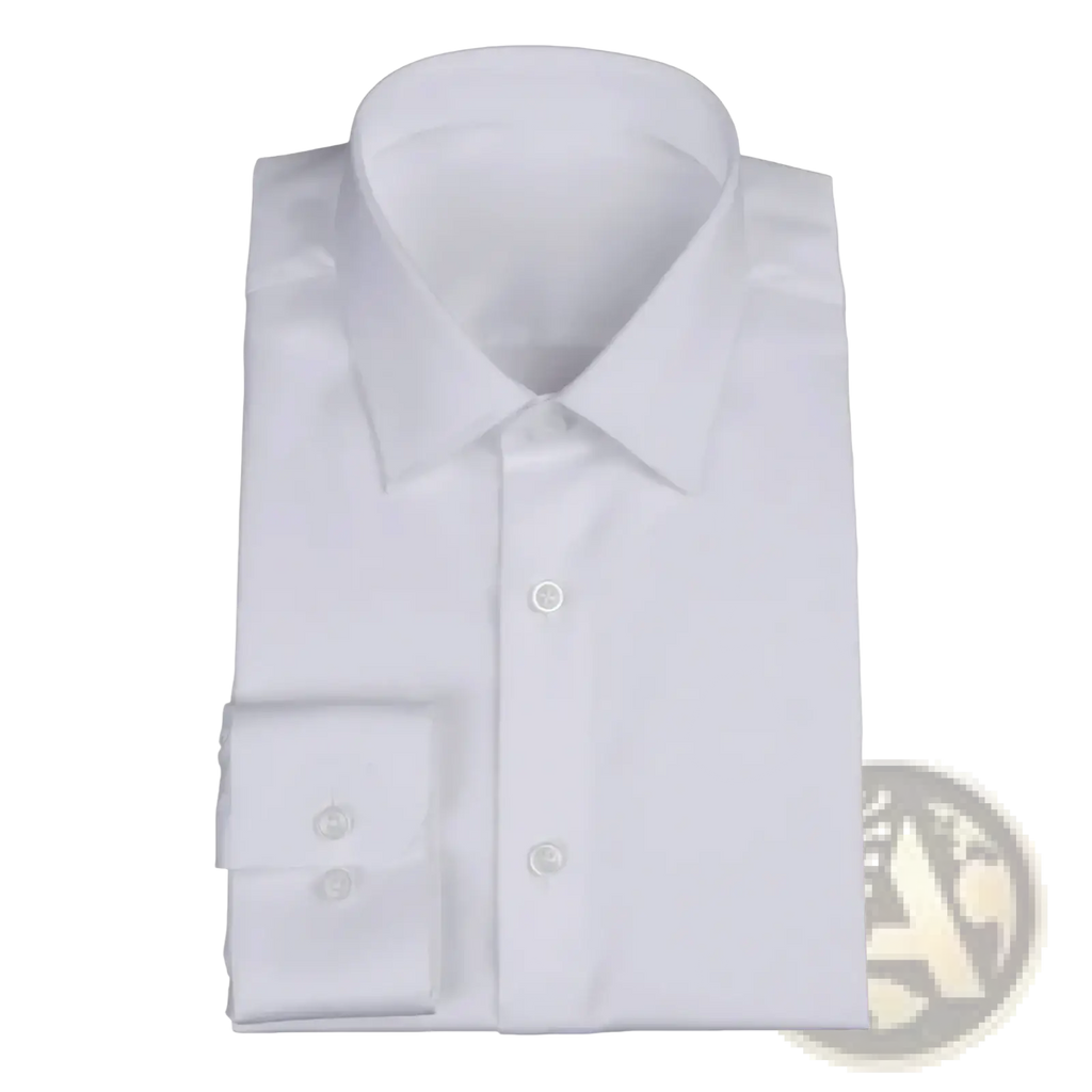 Custom made tailored men dress shirt in crisp white with classic collar and buttoned cuffs for formal wear