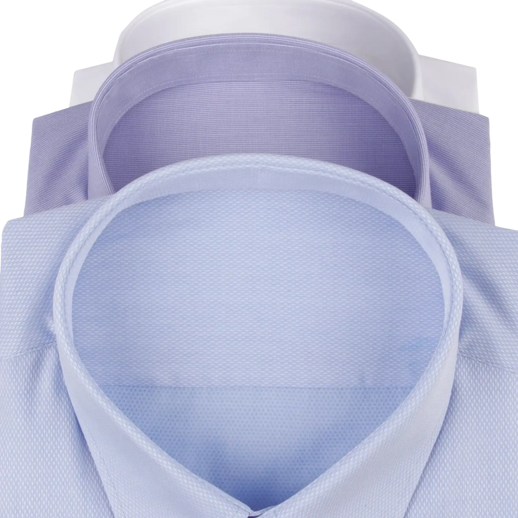 Custom made tailored men dress shirt with light blue textured weave collar and crisp white inner lining