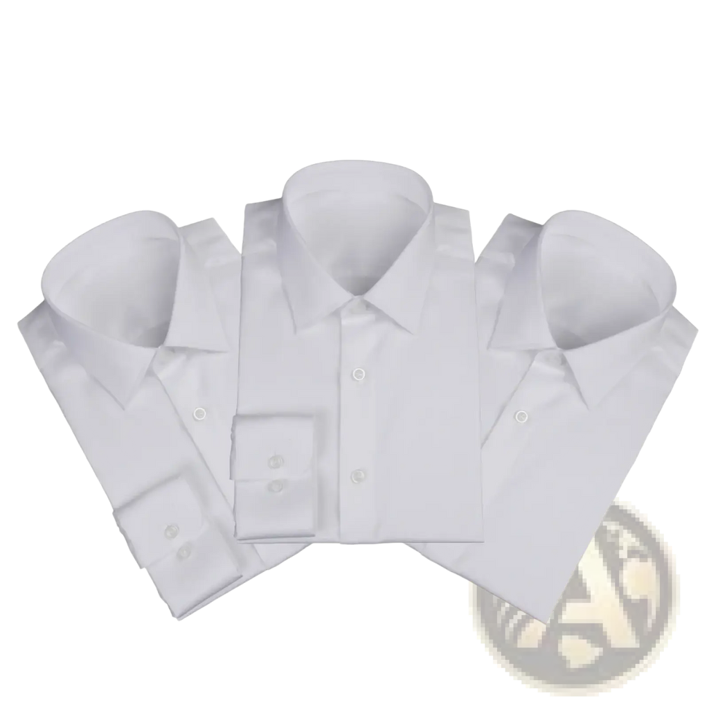 Three crisp white custom made tailored men dress shirts with classic collars and buttoned cuffs