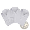 Three crisp white custom made tailored men dress shirts with classic collars and buttoned cuffs