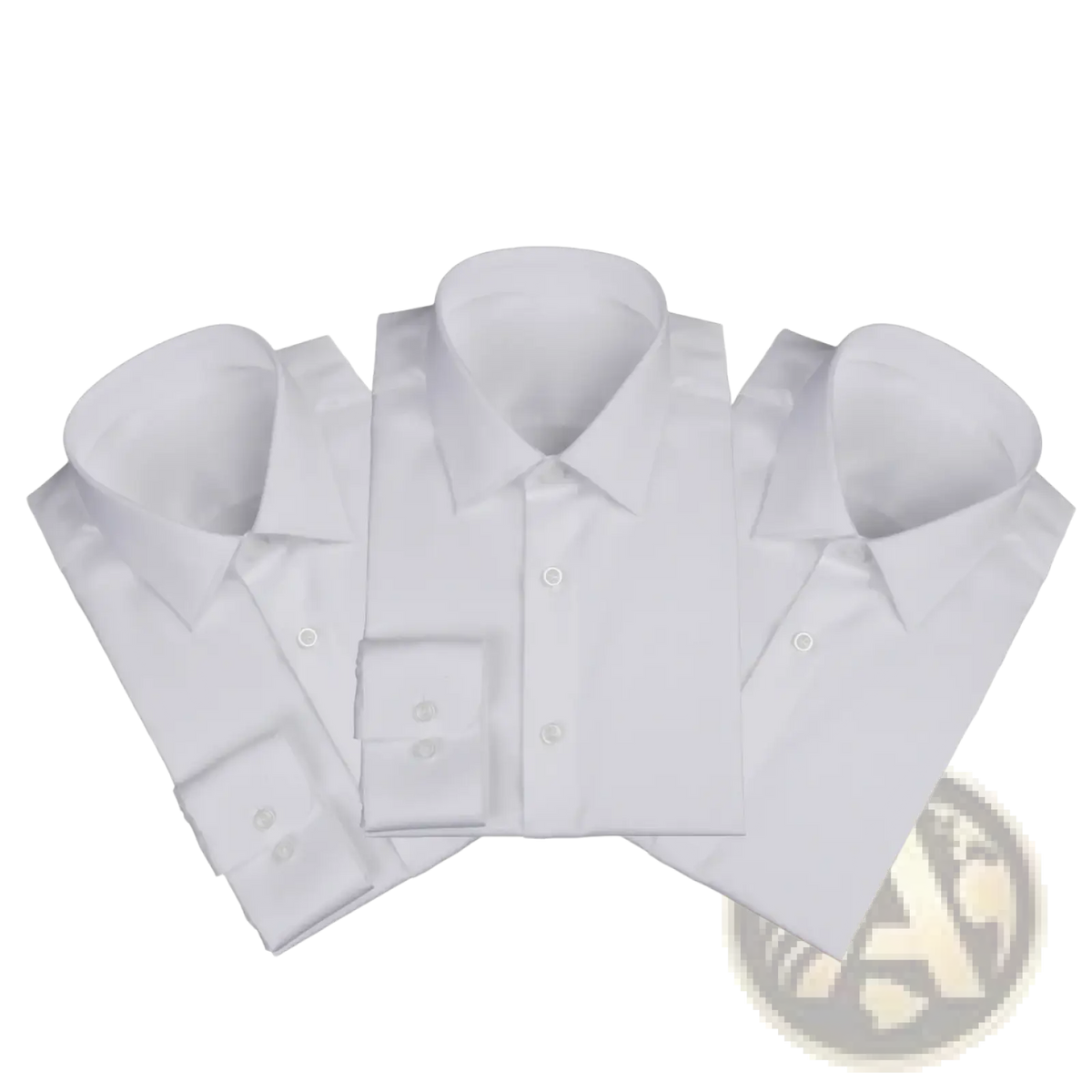 Three crisp white custom made tailored men dress shirts with classic collars and buttoned cuffs