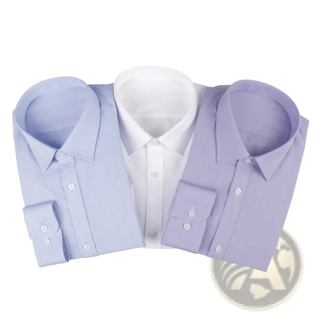 Three neatly folded custom made tailored men dress shirts in soft lavender and white with button-down collars and cuffs