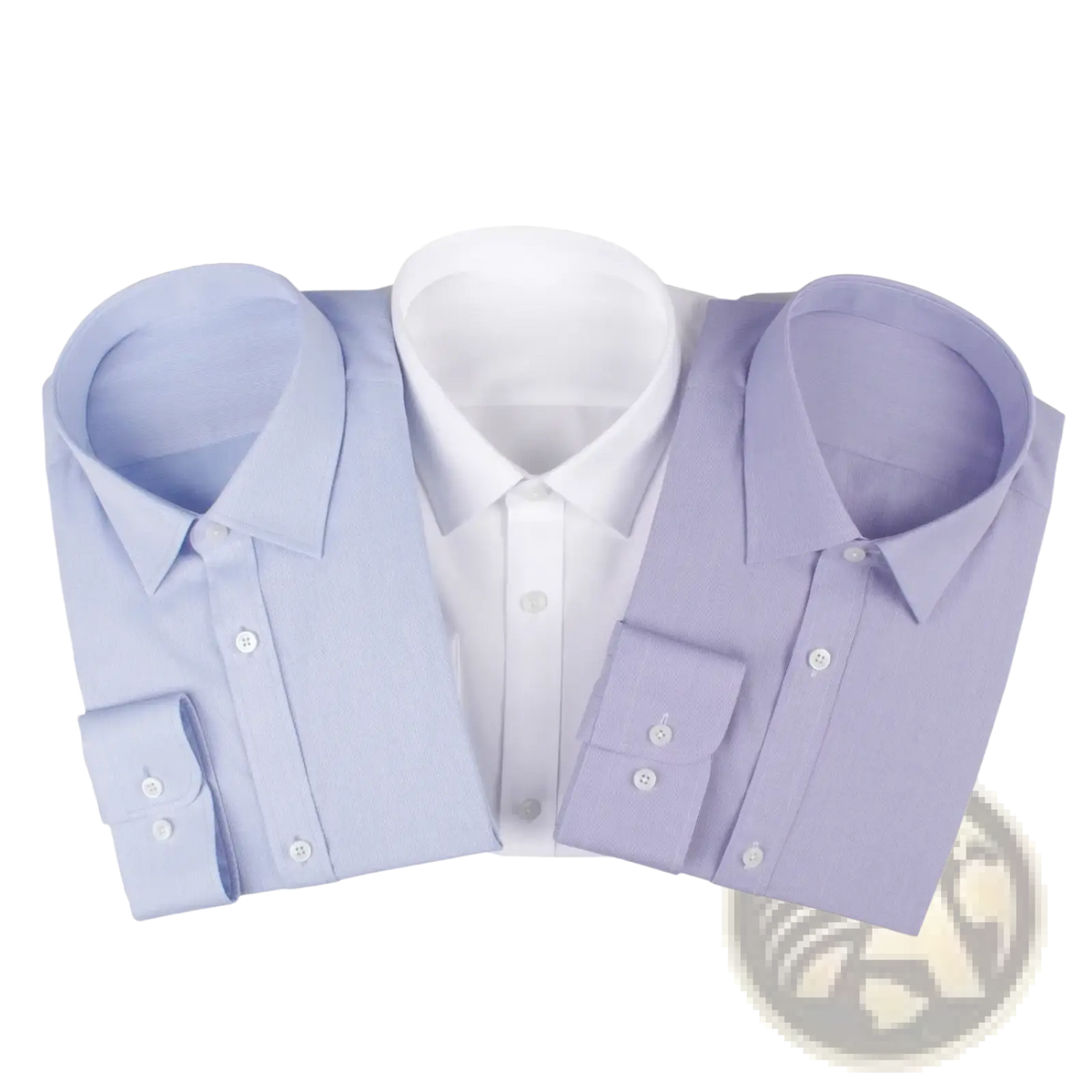 Three neatly folded custom made tailored men dress shirts in soft lavender and white with button-down collars and cuffs