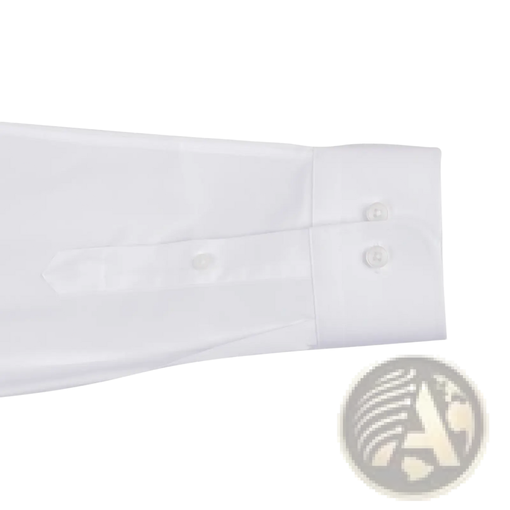 Custom made tailored men dress shirt featuring a white button-down cuff with crisp fabric and matching buttons