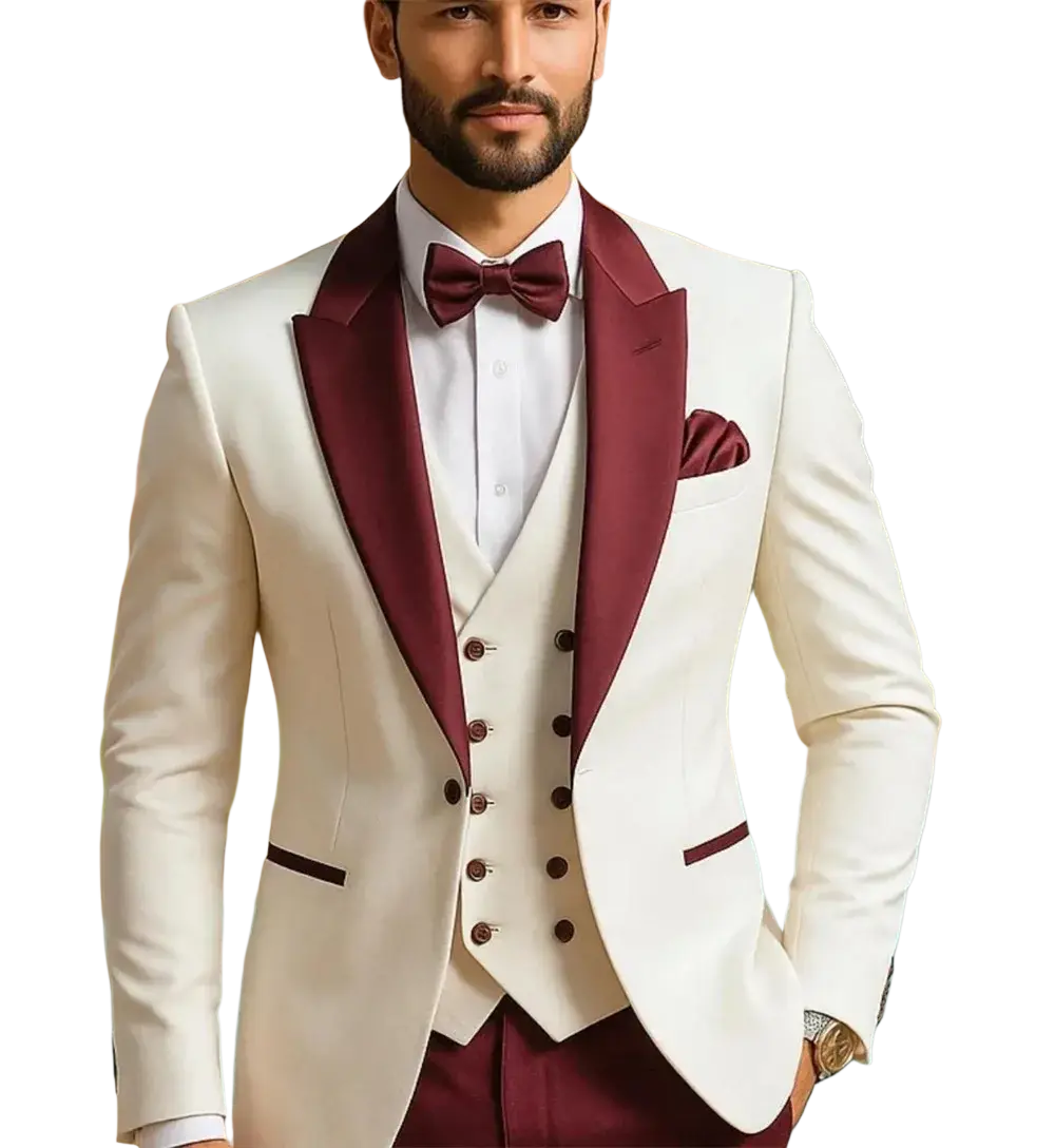 Elegant cream custom men’s tuxedo suit with burgundy satin lapels bow tie and coordinating vest