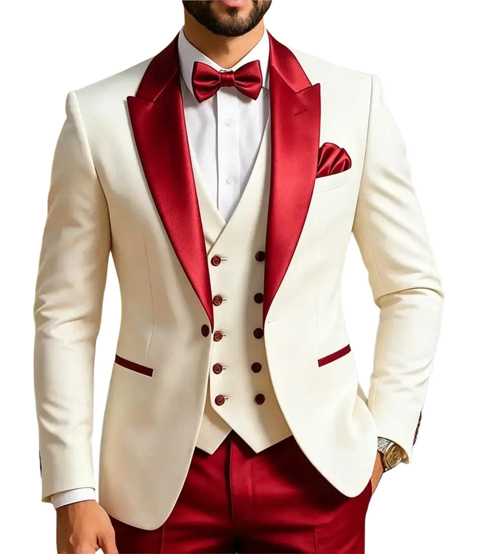 Elegant cream tuxedo jacket with burgundy satin lapels and pocket square, paired with coordinating vest and trousers