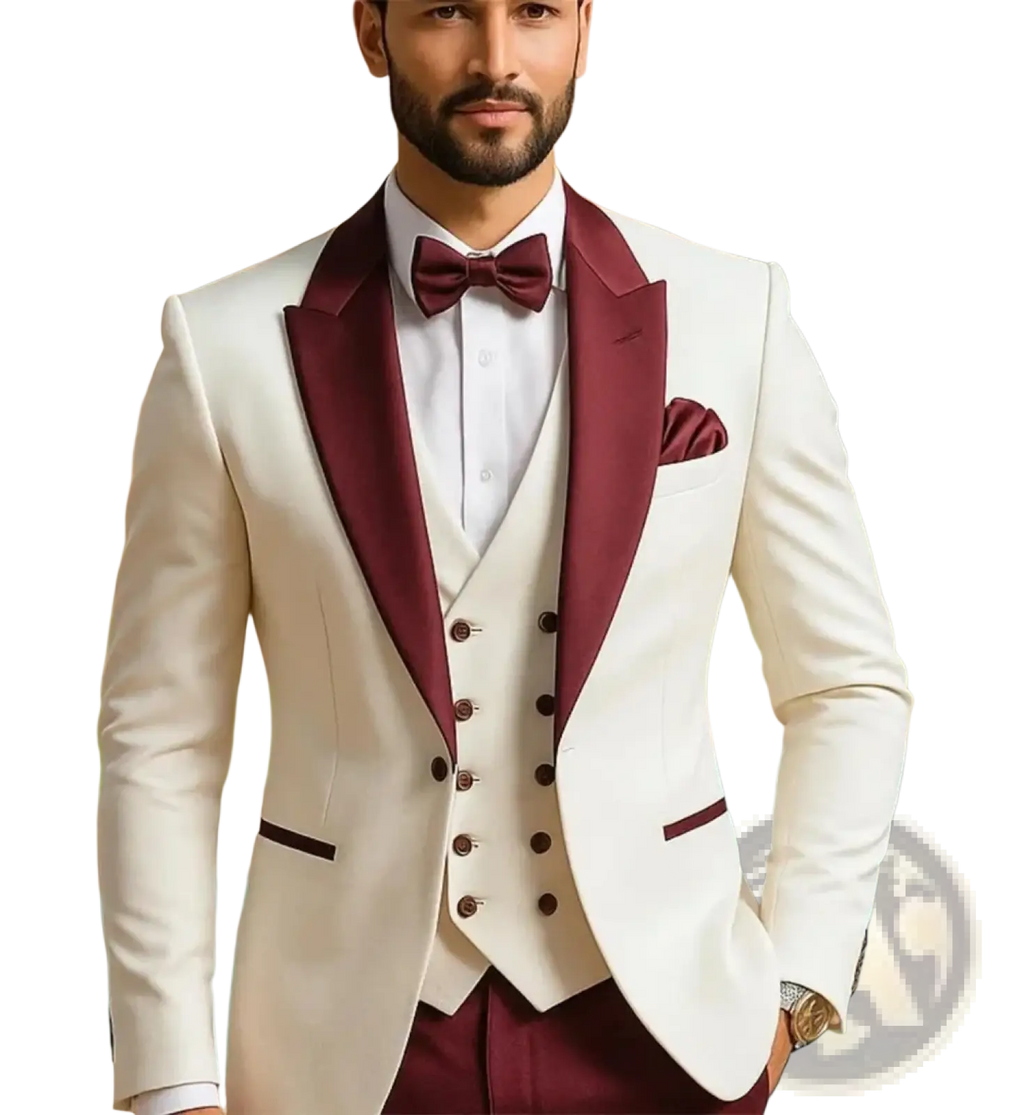 Elegant cream custom men’s tuxedo suit with burgundy satin lapels bow tie and coordinating vest