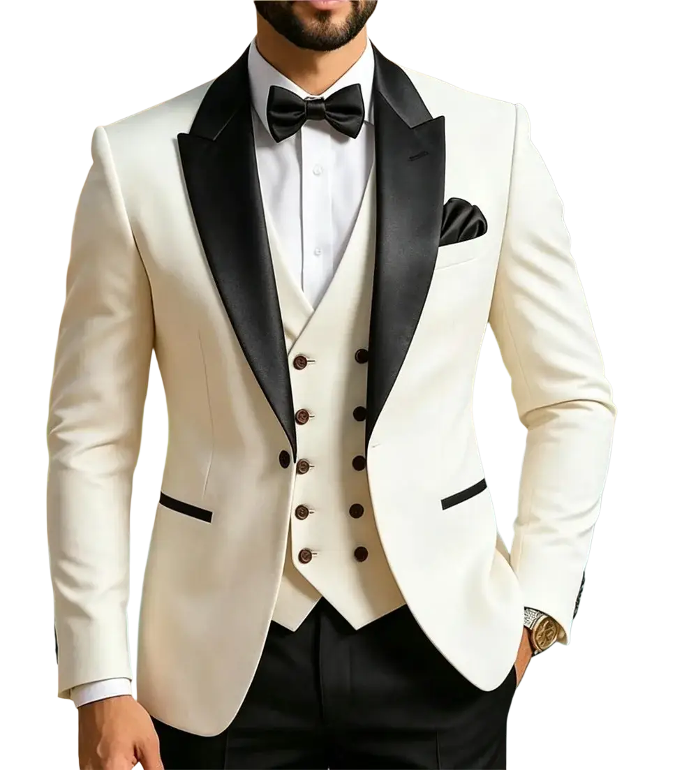 Elegant ivory tuxedo jacket with black satin lapels and matching vest featuring a classic double-breasted design